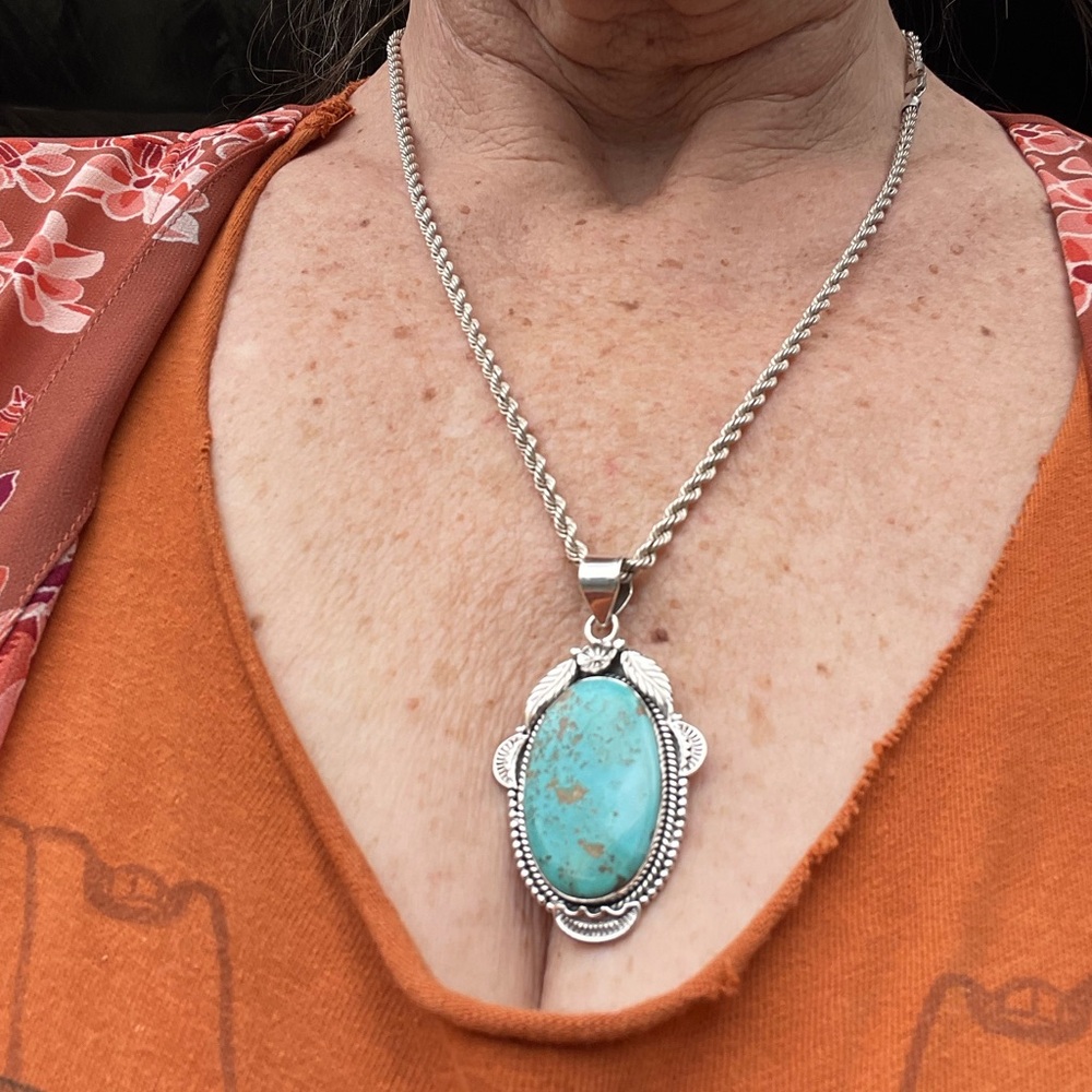 Large Premium Kingman Turquoise and Silver Native American Pendant🌹